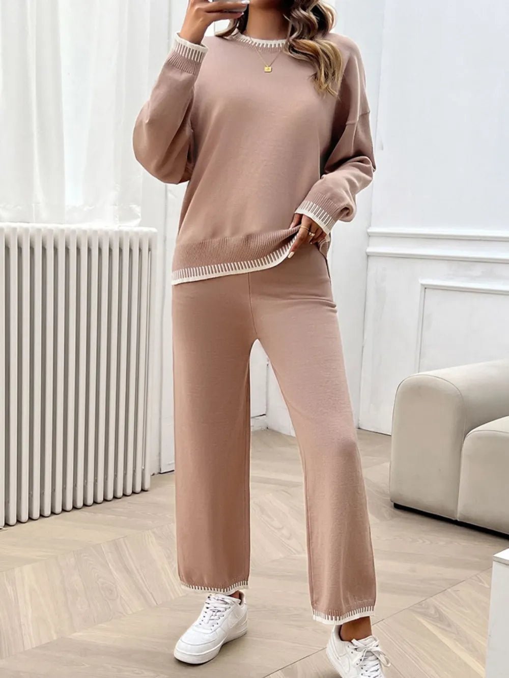 Devine Round Neck Dropped Shoulder Top and Pants Sweater Set.