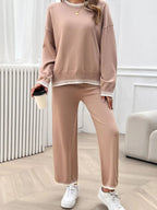 Devine Round Neck Dropped Shoulder Top and Pants Sweater Set.