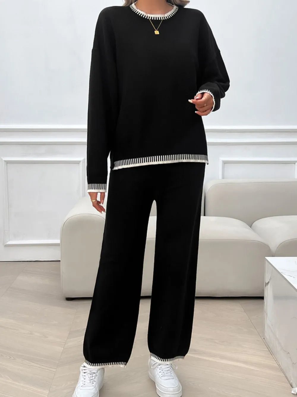 Devine Round Neck Dropped Shoulder Top and Pants Sweater SetTwo - Piece Sweater Sets