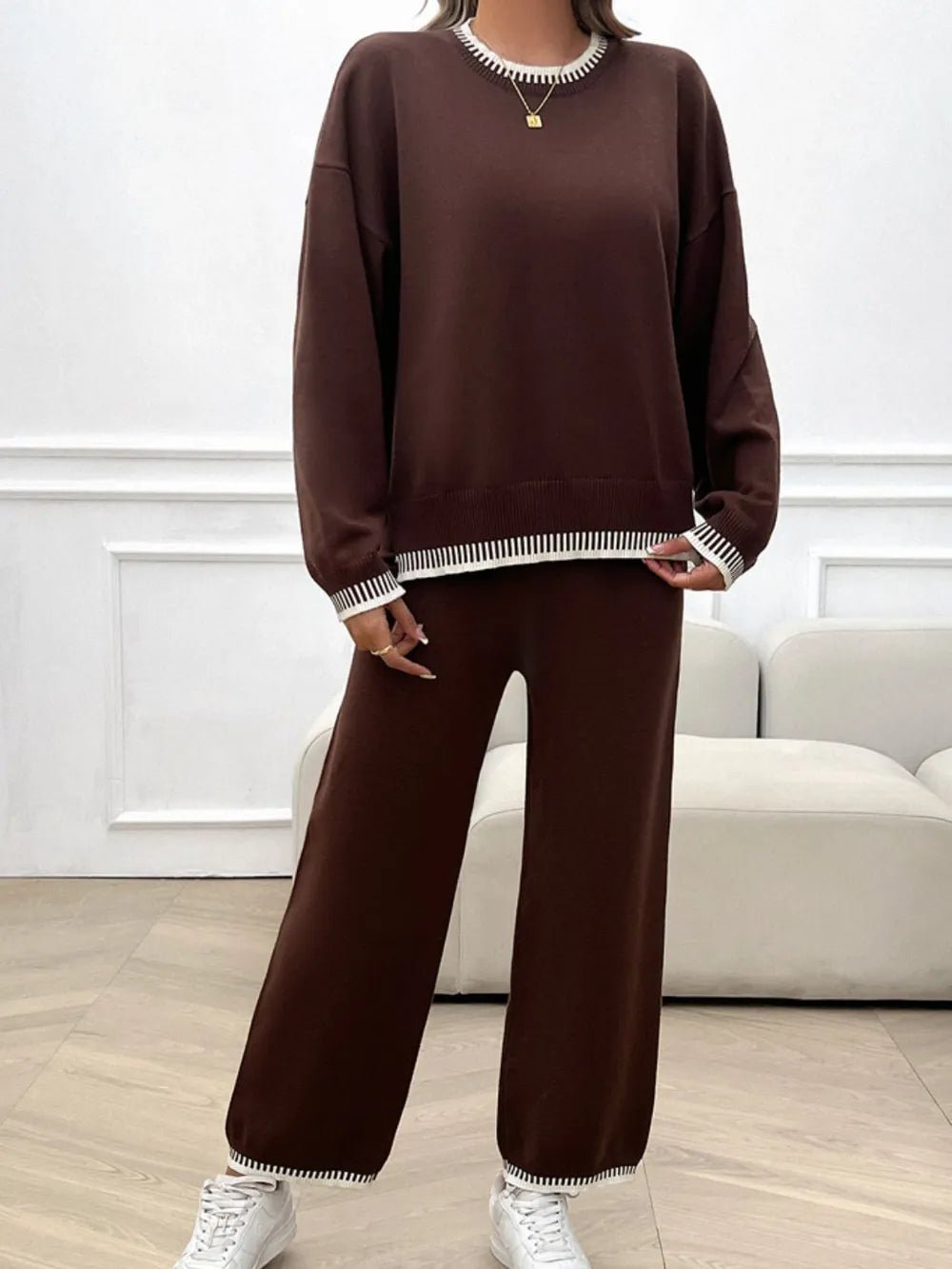 Devine Round Neck Dropped Shoulder Top and Pants Sweater Set.
