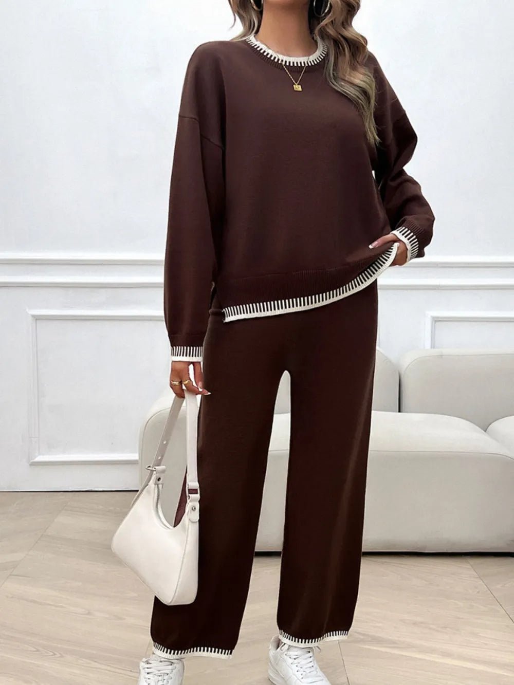 Devine Round Neck Dropped Shoulder Top and Pants Sweater Set.