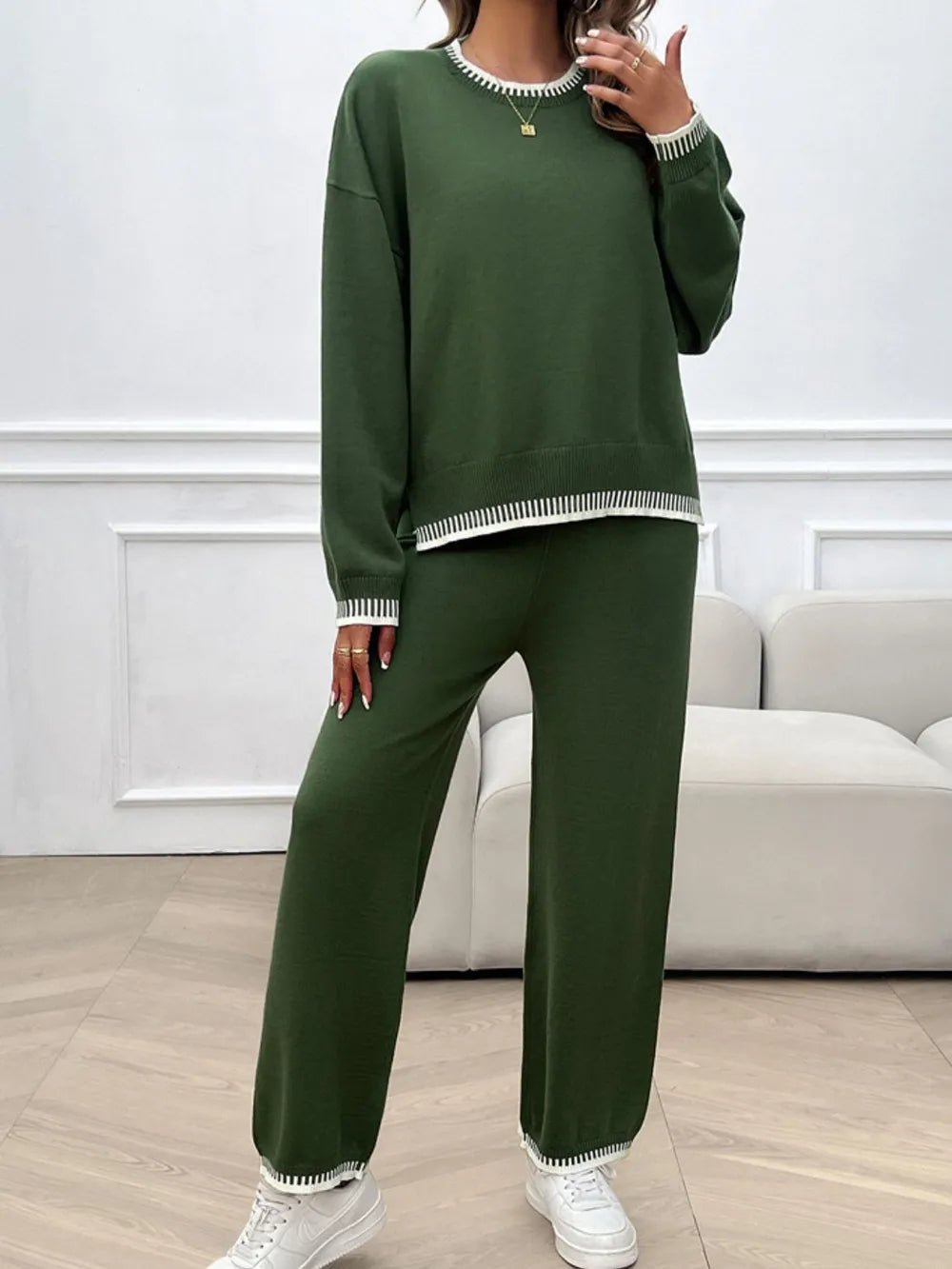 Devine Round Neck Dropped Shoulder Top and Pants Sweater Set.