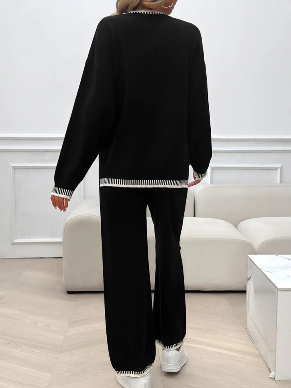 Devine Round Neck Dropped Shoulder Top and Pants Sweater SetTwo - Piece Sweater Sets