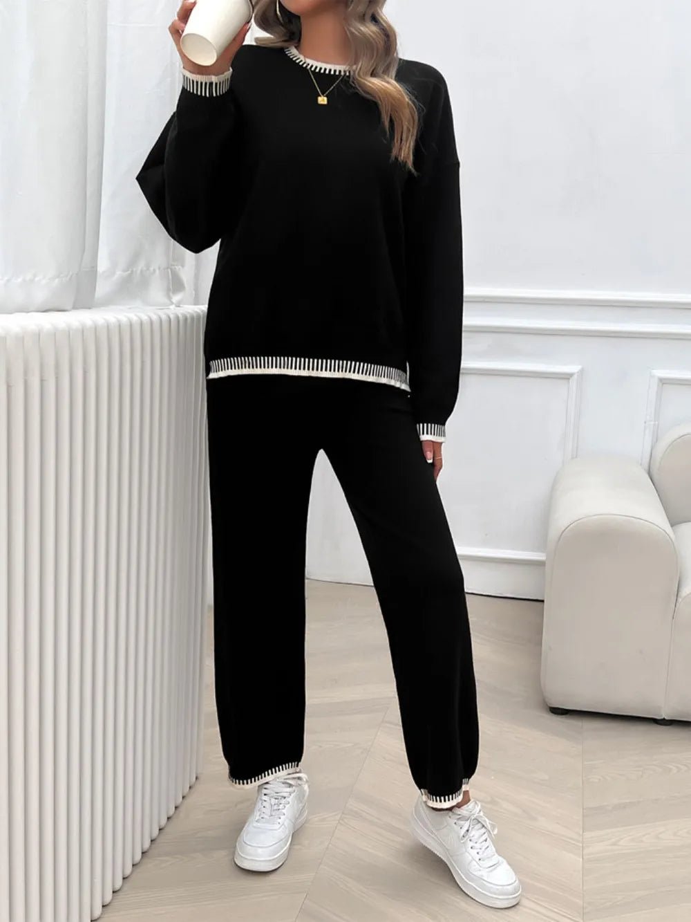 Devine Round Neck Dropped Shoulder Top and Pants Sweater SetTwo - Piece Sweater Sets