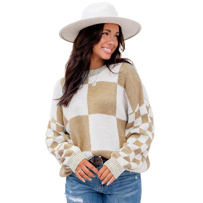 Thickened Pullover Women European And American Leisure Plaid Block Stitching Long Sleeve Sweater Women.