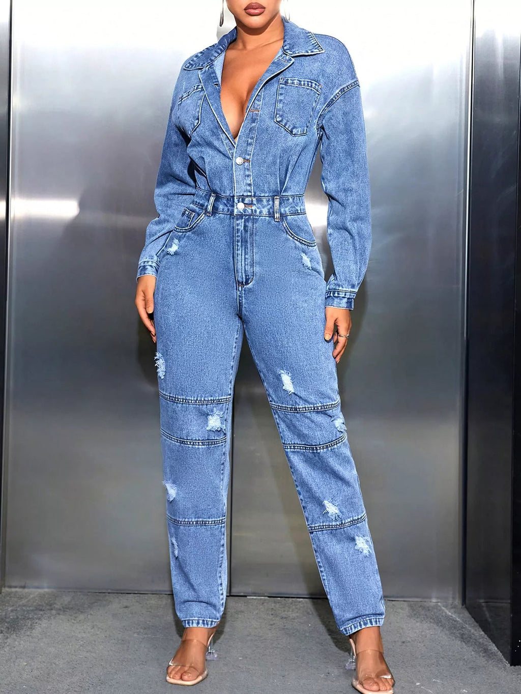 Distressed Long Sleeve Denim Jumpsuit.