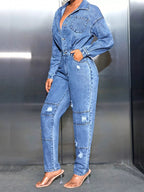Distressed Long Sleeve Denim Jumpsuit.
