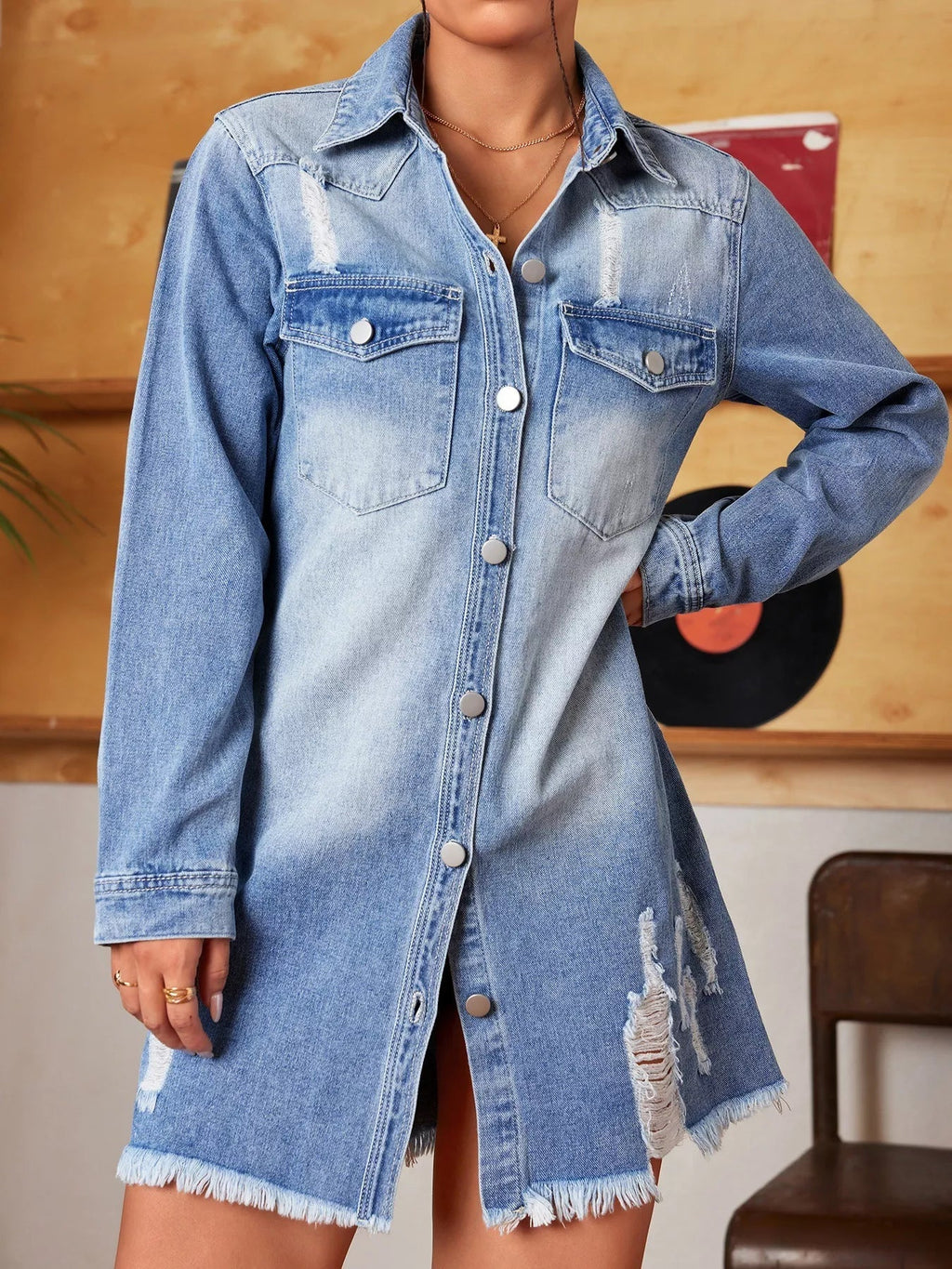 Distressed Raw Hem Denim Mini Dress.