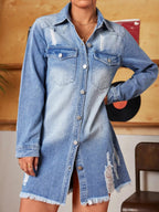 Distressed Raw Hem Denim Mini Dress.
