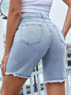 Stylish denim shorts made from high-quality denim fabric, perfect for casual summer wear and outdoor activities.