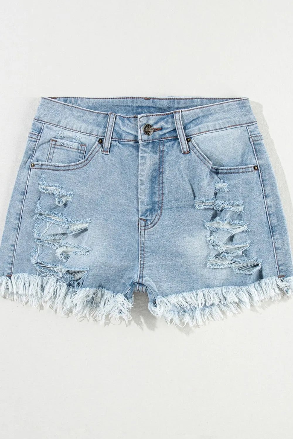 High waist denim shorts offering a stylish and comfortable summer fashion choice for women.