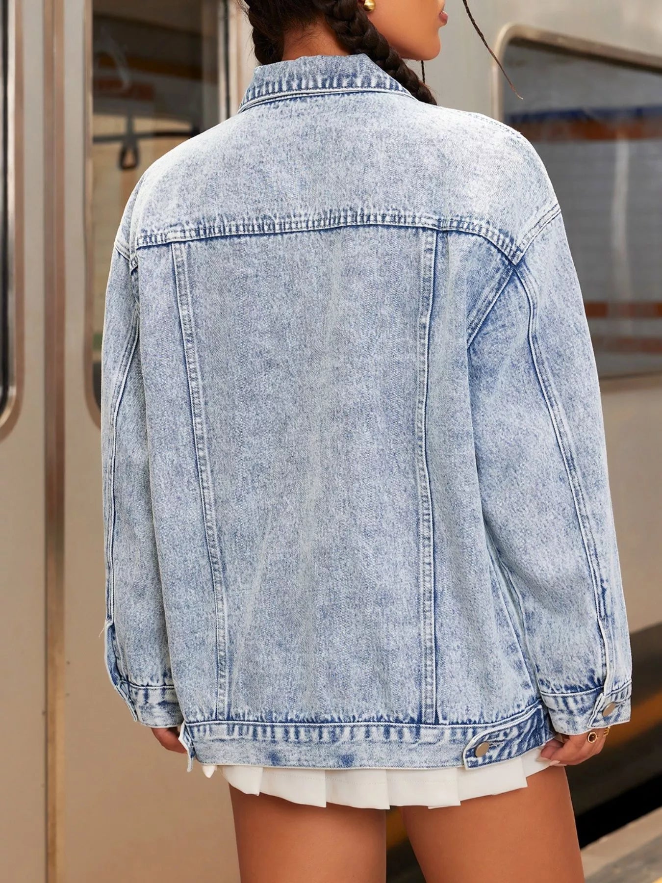 Distressed Wash Button Up Denim Jacket.