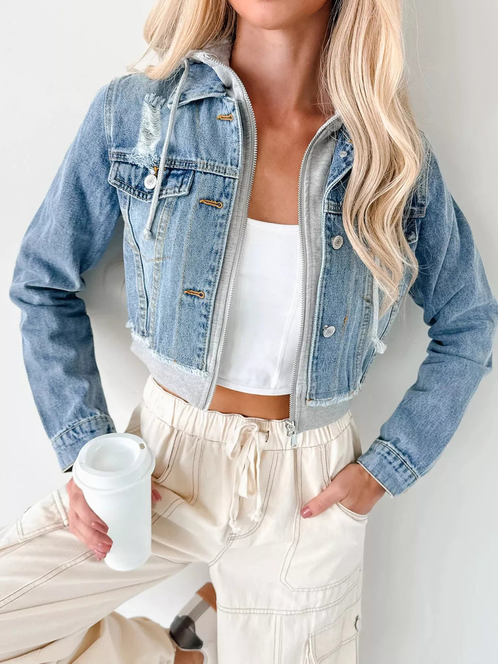 Distressed Zip Up Cropped Hooded Denim Jacket.