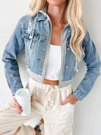 Distressed Zip Up Cropped Hooded Denim Jacket.