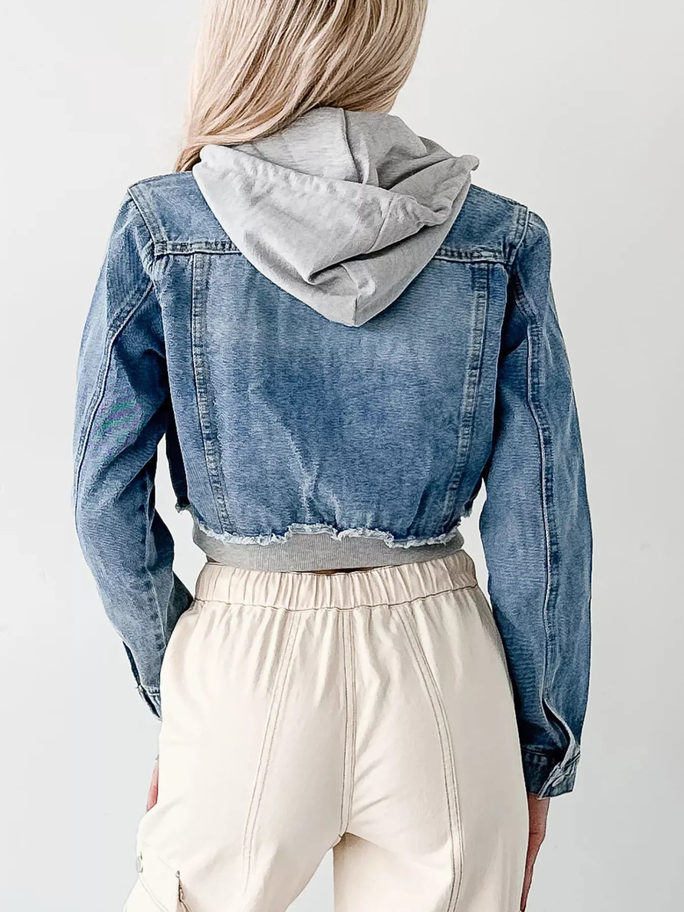 Distressed Zip Up Cropped Hooded Denim Jacket.