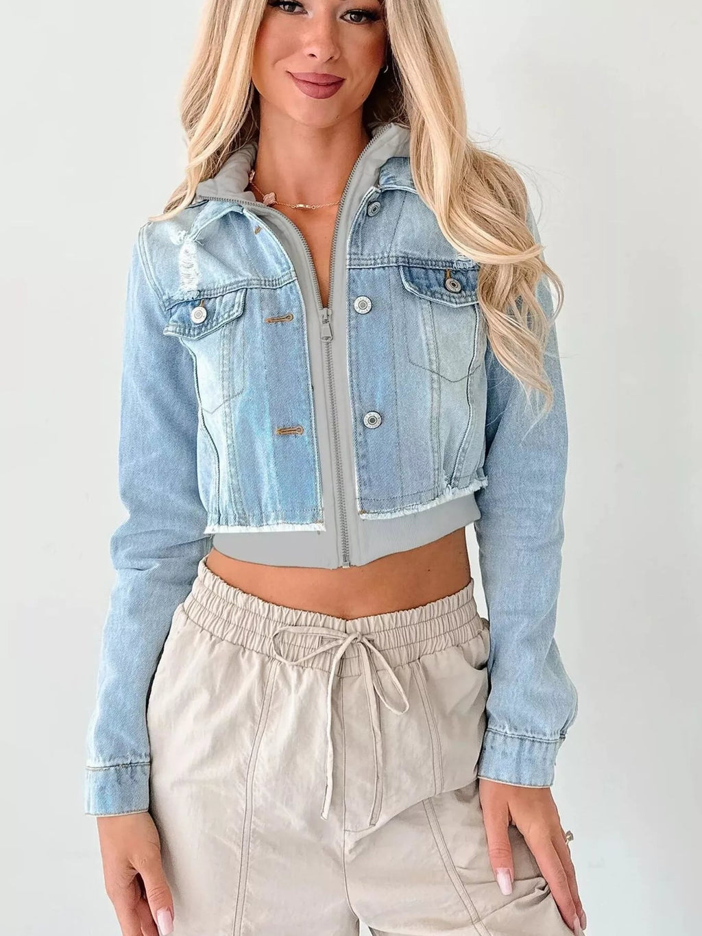 Distressed Zip Up Cropped Hooded Denim Jacket.