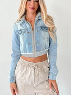 Distressed Zip Up Cropped Hooded Denim Jacket.