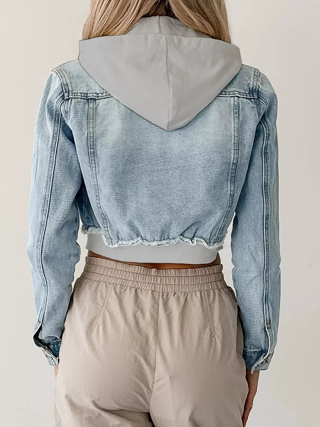 Distressed Zip Up Cropped Hooded Denim Jacket.
