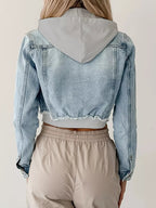 Distressed Zip Up Cropped Hooded Denim Jacket.