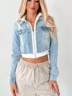 Distressed Zip Up Cropped Hooded Denim Jacket.