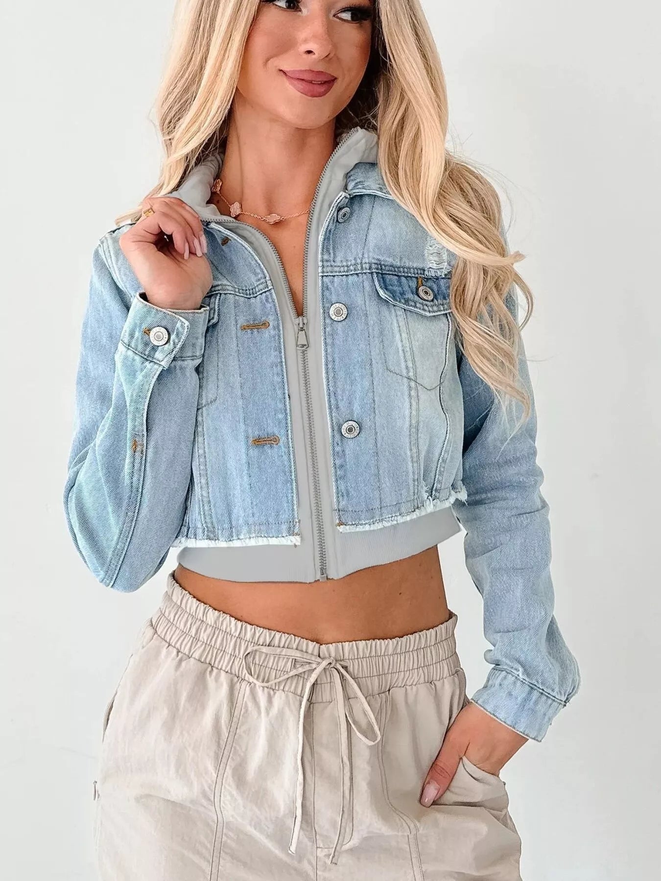 Distressed Zip Up Cropped Hooded Denim Jacket.