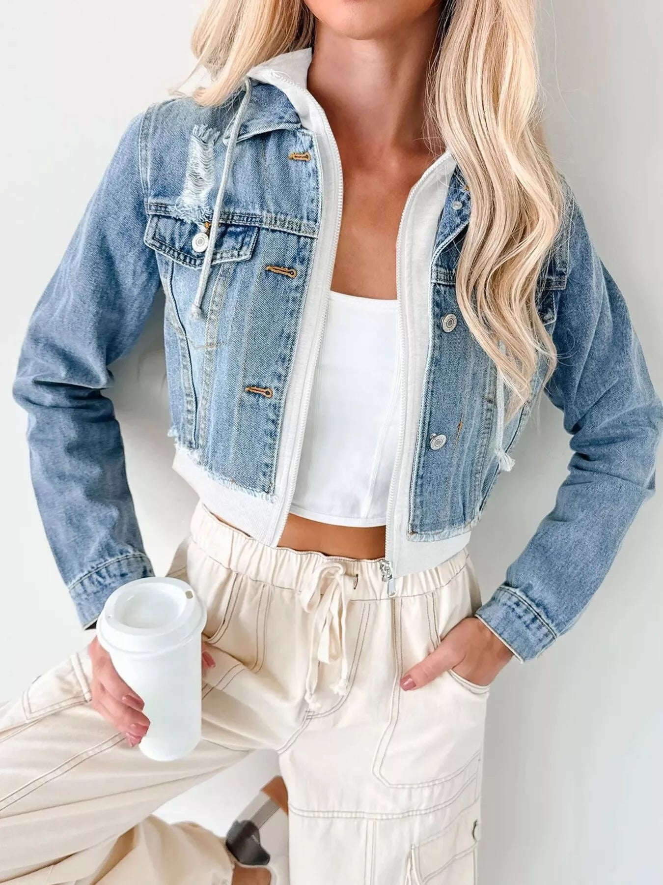 Distressed Zip Up Cropped Hooded Denim Jacket.