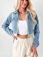 Distressed Zip Up Cropped Hooded Denim Jacket.