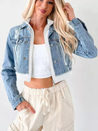 Distressed Zip Up Cropped Hooded Denim Jacket.