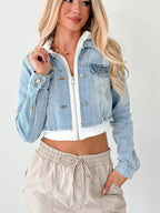 Distressed Zip Up Cropped Hooded Denim Jacket.