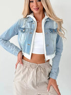 Distressed Zip Up Cropped Hooded Denim Jacket.