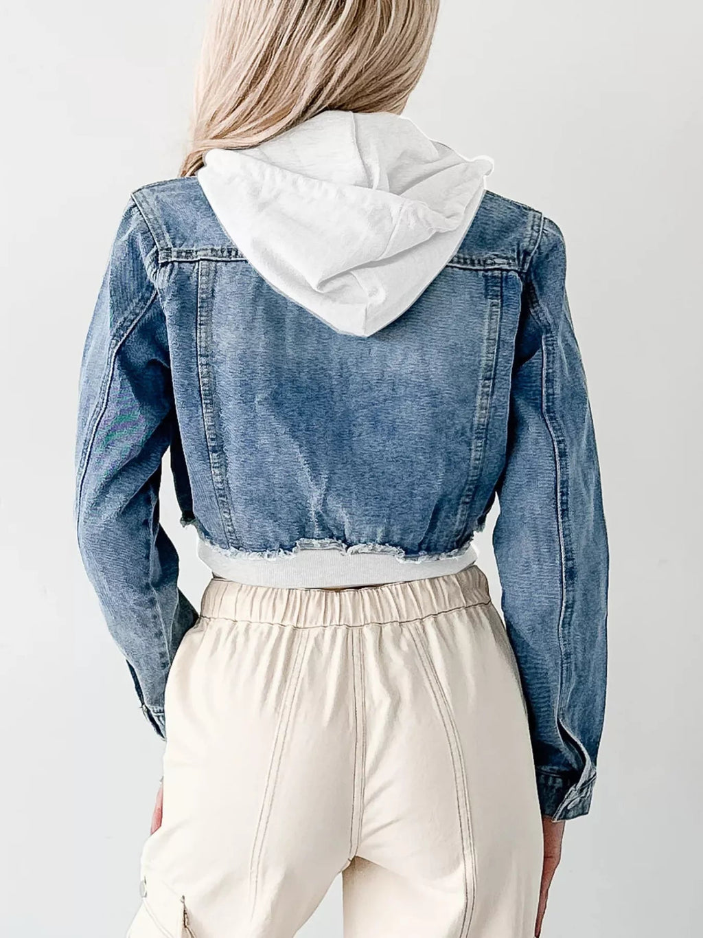 Distressed Zip Up Cropped Hooded Denim Jacket.
