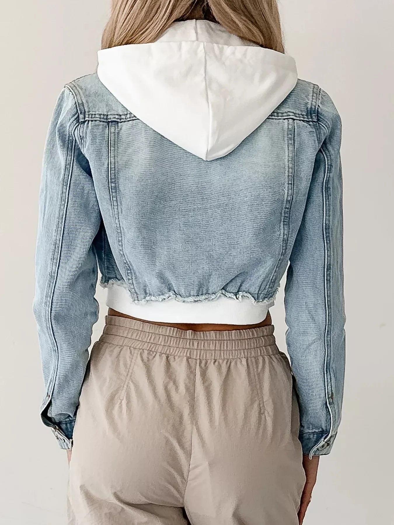Distressed Zip Up Cropped Hooded Denim Jacket.