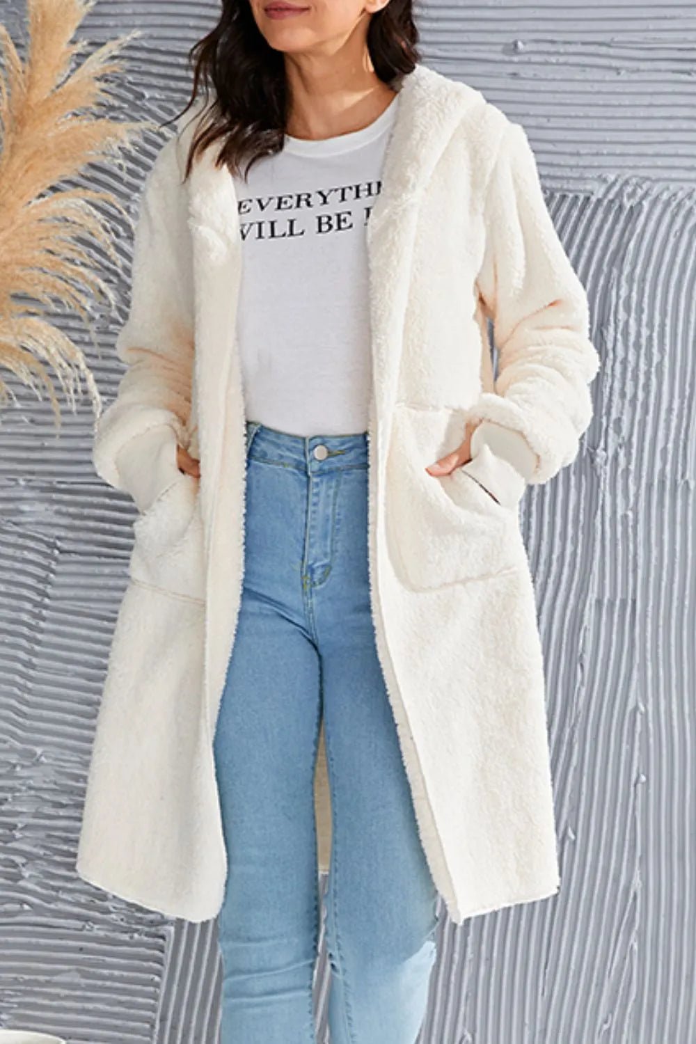 Double Take Full Size Hooded Teddy Bear Jacket with Thumbholes.