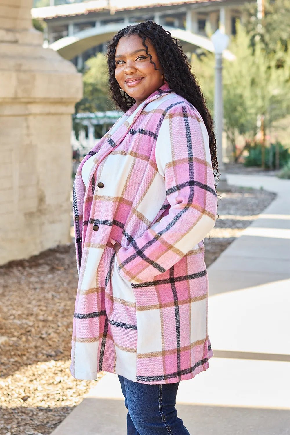Double Take Full Size Plaid Button Up Lapel Collar Coat.