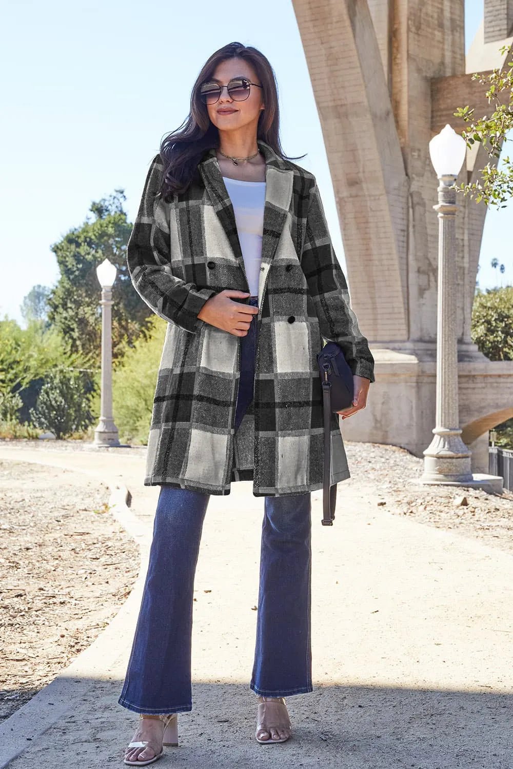 Double Take Full Size Plaid Button Up Lapel Collar Coat.