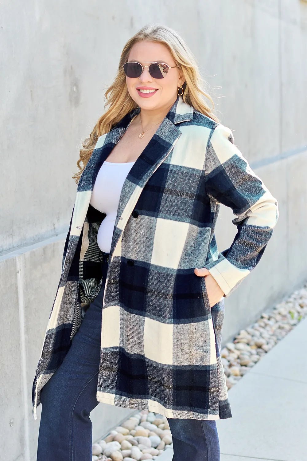 Double Take Full Size Plaid Button Up Lapel Collar Coat.
