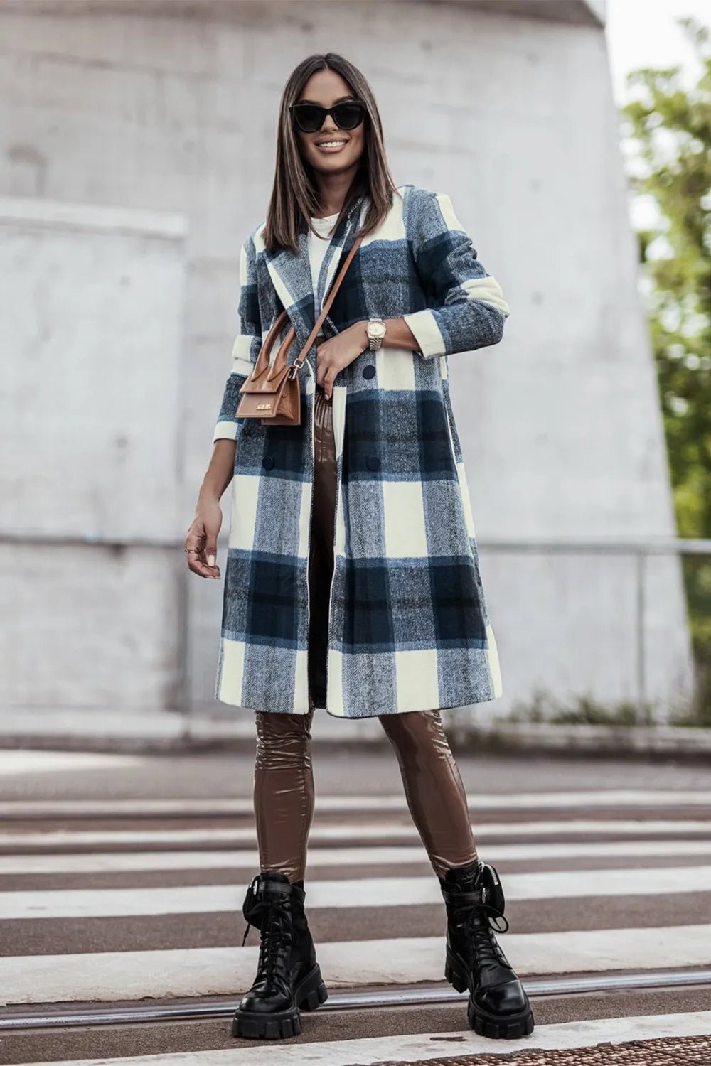 Double Take Full Size Plaid Button Up Lapel Collar Coat.