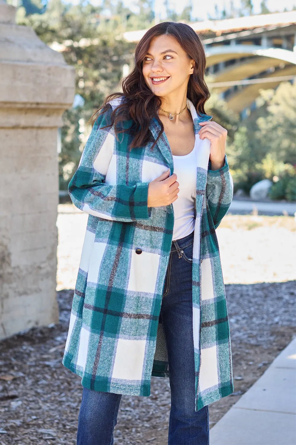 Double Take Full Size Plaid Button Up Lapel Collar Coat.
