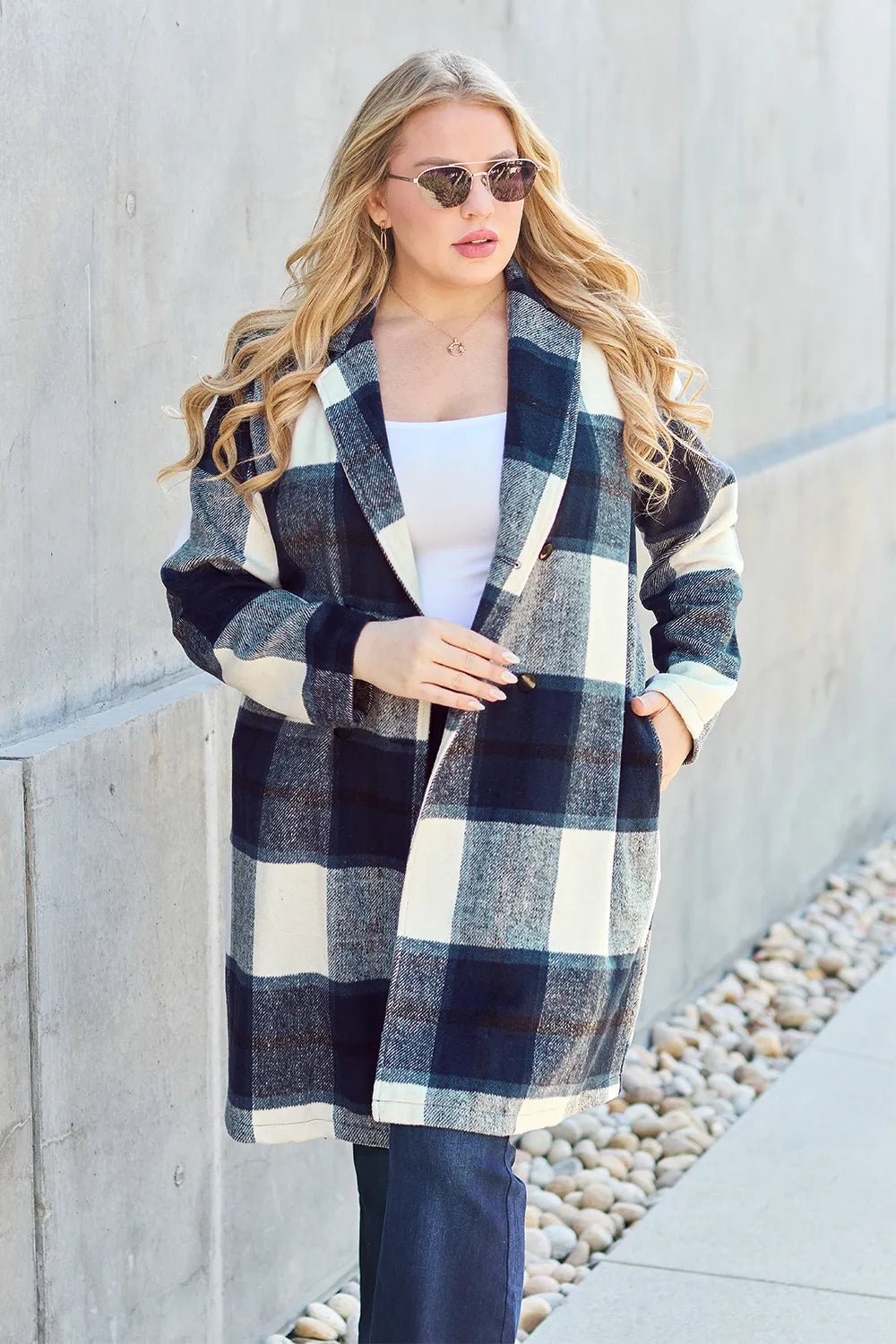 Double Take Full Size Plaid Button Up Lapel Collar Coat.