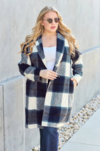 Double Take Full Size Plaid Button Up Lapel Collar Coat.