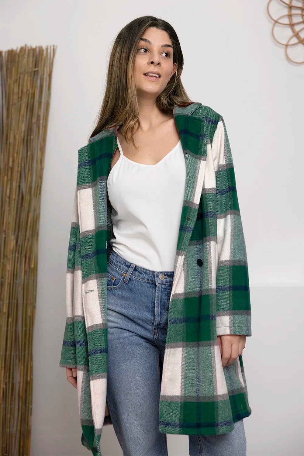 Double Take Full Size Plaid Button Up Lapel Collar Coat.