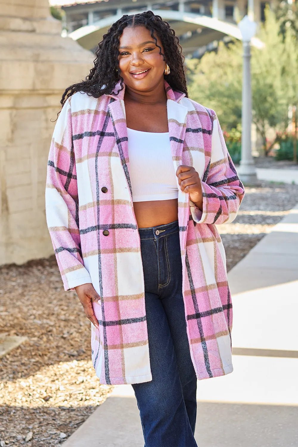Double Take Full Size Plaid Button Up Lapel Collar Coat.
