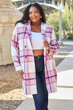Double Take Full Size Plaid Button Up Lapel Collar Coat.