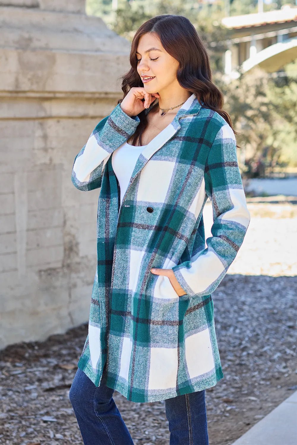 Double Take Full Size Plaid Button Up Lapel Collar Coat.