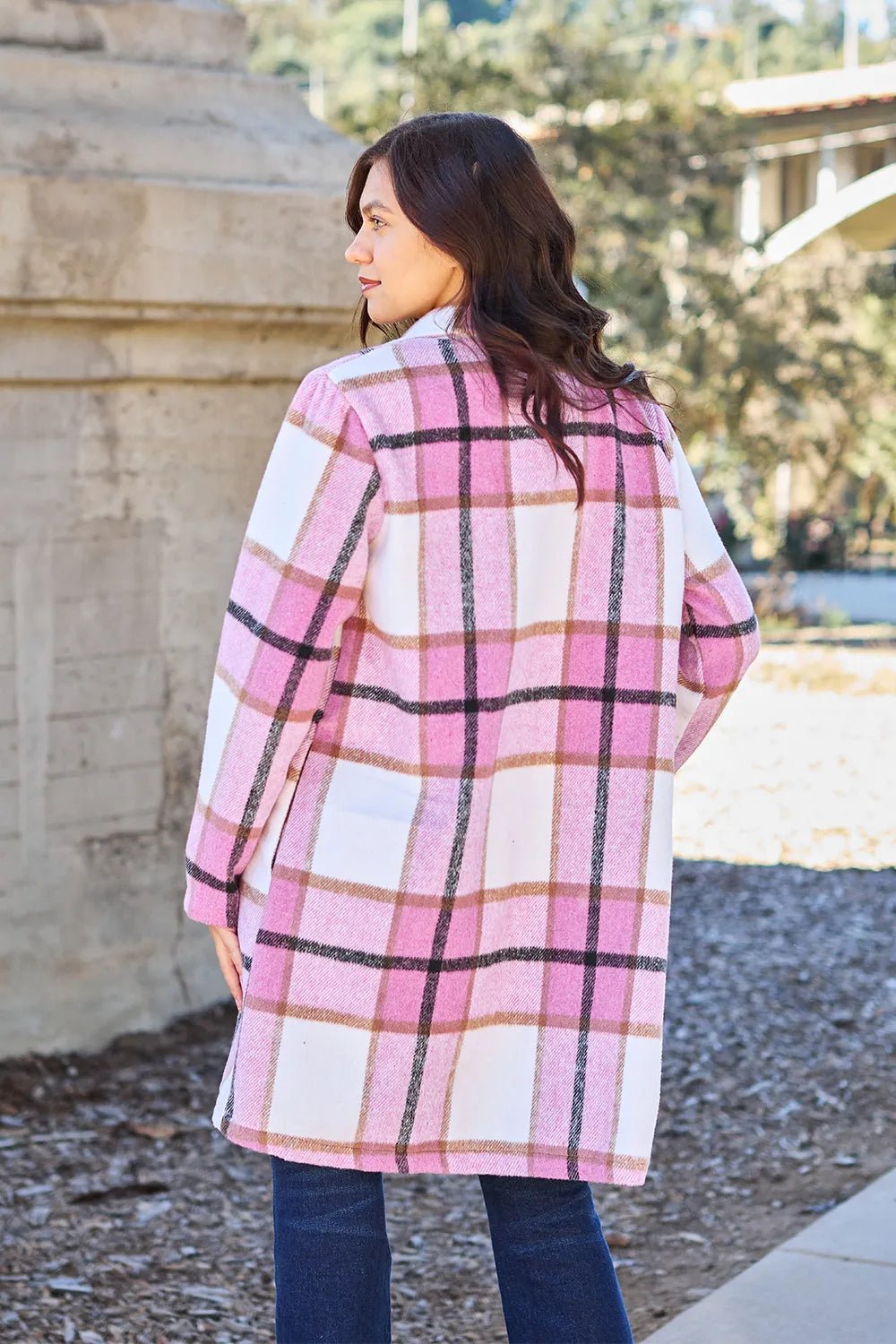 Double Take Full Size Plaid Button Up Lapel Collar Coat.