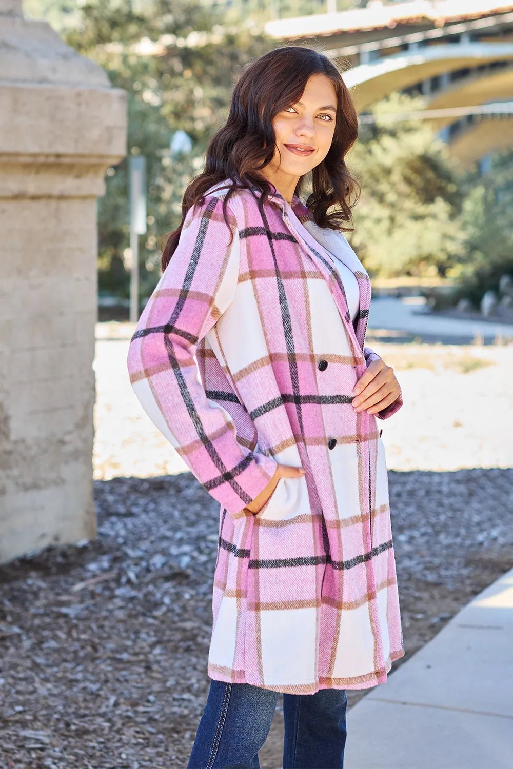 Double Take Full Size Plaid Button Up Lapel Collar Coat.