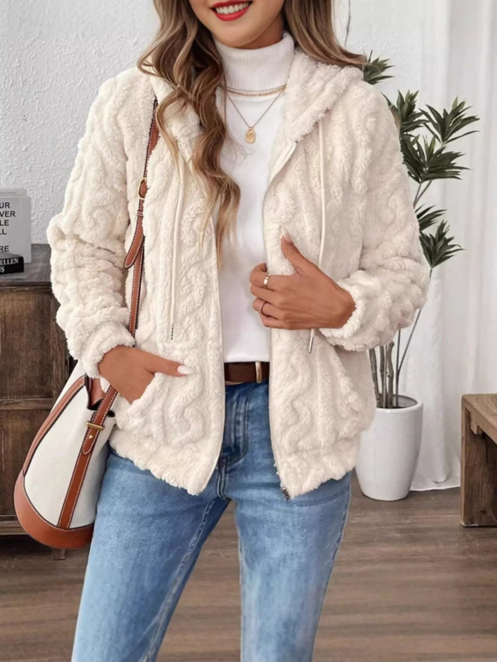 Drawstring Zip-Up Fleece Hooded Outerwear.