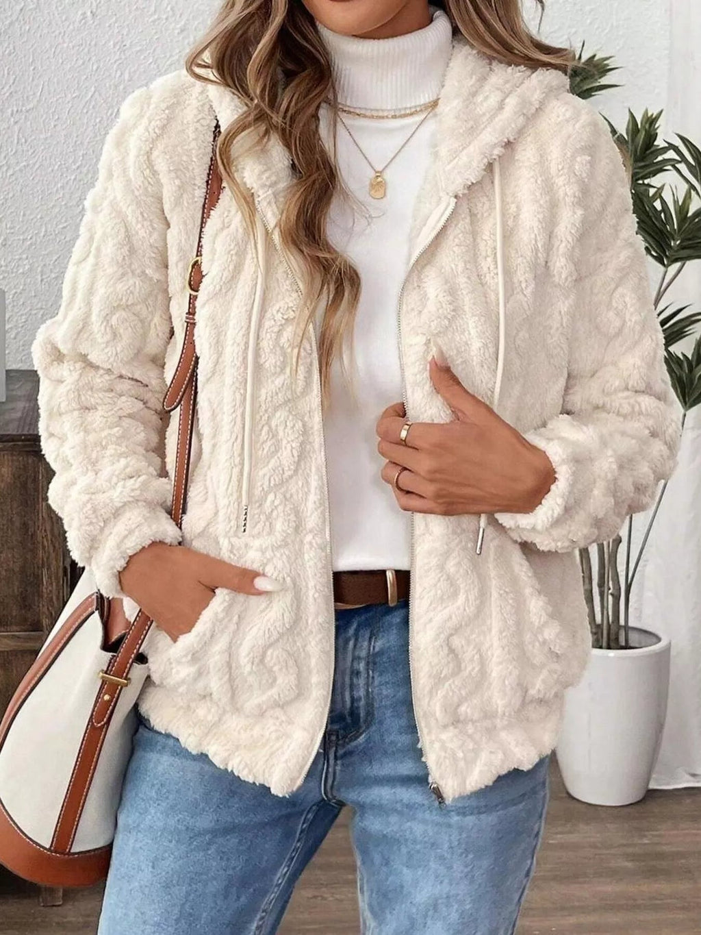 Drawstring Zip-Up Fleece Hooded Outerwear.