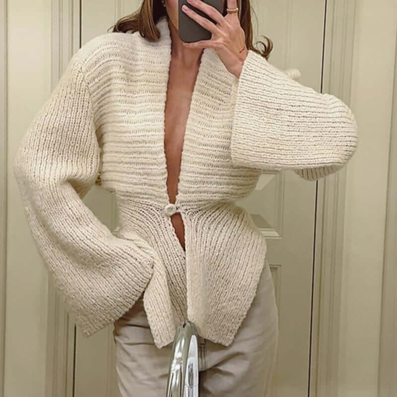 Elegant Irregular Hem Cardigan Sweater For Women Knitted Long Sleeve V Neck Trendy Open Front Sweaters.