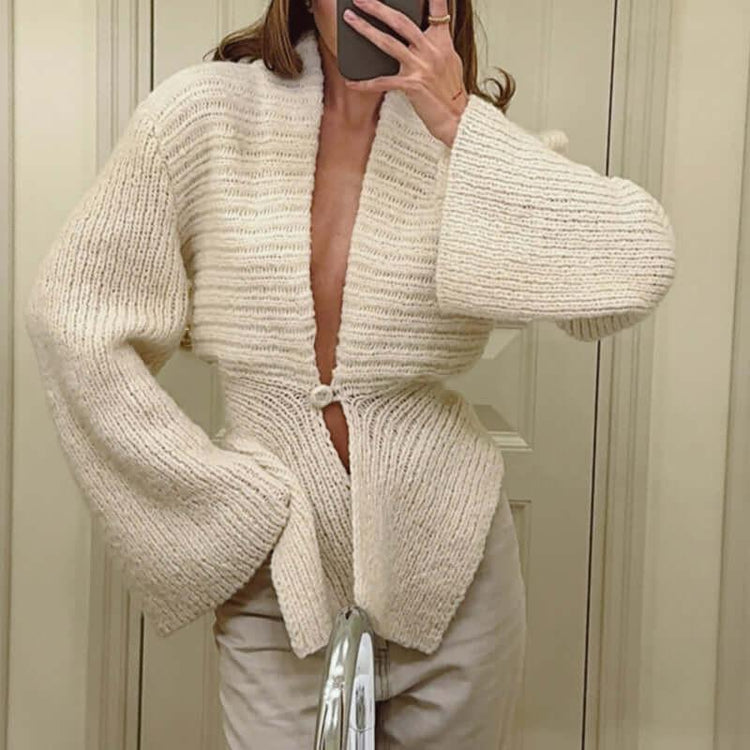 Elegant Irregular Hem Cardigan Sweater For Women Knitted Long Sleeve V Neck Trendy Open Front Sweaters.